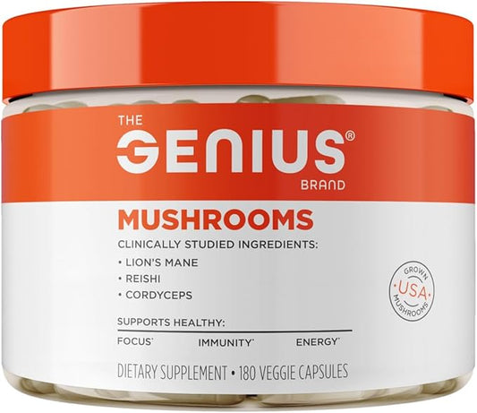 Genius Mushroom Supplement - Full-Spectrum Lion’s Mane, Cordyceps, Reishi -Daily Brain Nootropic for Energy, Focus, Memory & Overall Wellness - 180 Capsules – Organic for Mental Clarity & Performance