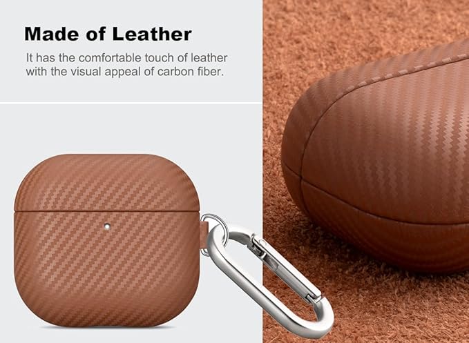 Leather Case for AirPods 4 / AirPods 4 with Active Noise Cancellation Case Cover with Keychain - Selected Skin-Friendly Leather, Carbon Fibre Texture, Handmade Shockproof Hard Cover - Brown