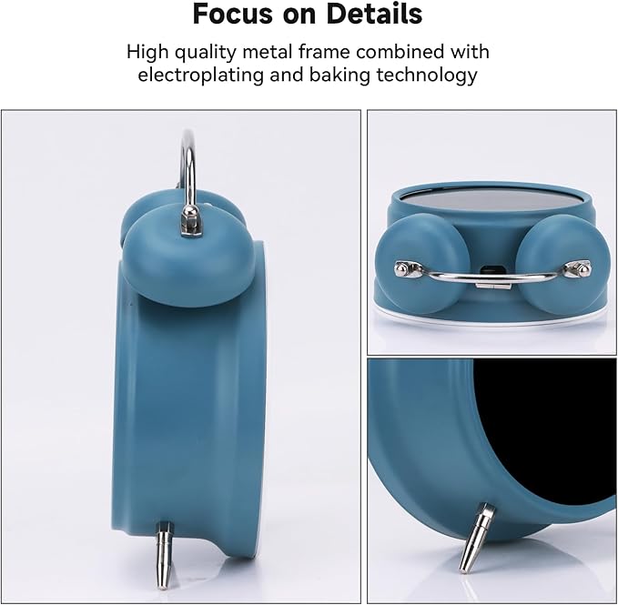 JUSTUP Digital Small Alarm Clock, 4.5 Inch Double Bell Electronic LED Alarm Clock, Plug in or Battery Operated Silent Metal Table Clock, Bedside Loud Bell Clock for Heavy Sleepers Adults Kids (Blue)