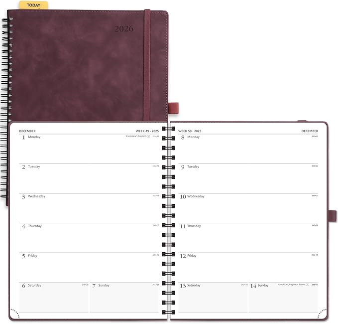 POPRUN 2026 Planner Weekly Notebook Calendar (Jan-Dec), Large Size 8.5'' x 10.5'' - Agenda 2026 Appointment Book with Monthly Tabs, Inner Pocket, Spiral Soft Cover, 100 GSM TJ - Claret
