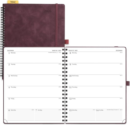 POPRUN 2026 Planner Weekly Notebook Calendar (Jan-Dec), Large Size 8.5'' x 10.5'' - Agenda 2026 Appointment Book with Monthly Tabs, Inner Pocket, Spiral Soft Cover, 100 GSM TJ - Claret