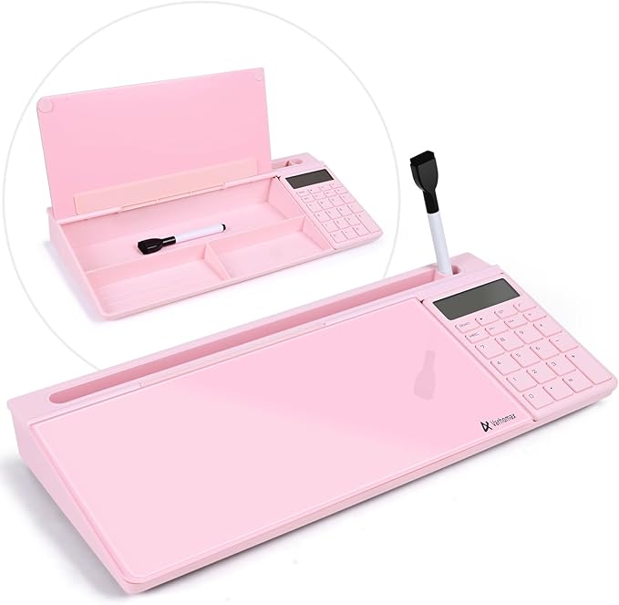Varhomax Glass Desk Whiteboard Pink with Calculator, Desktop Dry Erase White Board with Storage, to Do List Memo Notepad for Home and Office