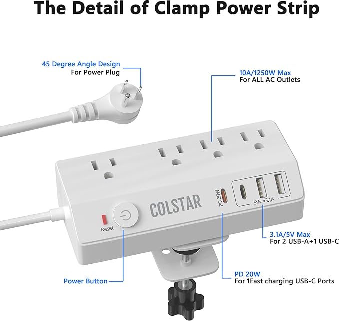 Desk Clamp Power Strip with 4 AC Outlets & 4 USB Ports Including PD 20W Fast Charging, Desk Mount Power Strip Surge Protector for Office,10FT Extension Cord Fits 1.8" Tabletop Edge (White)