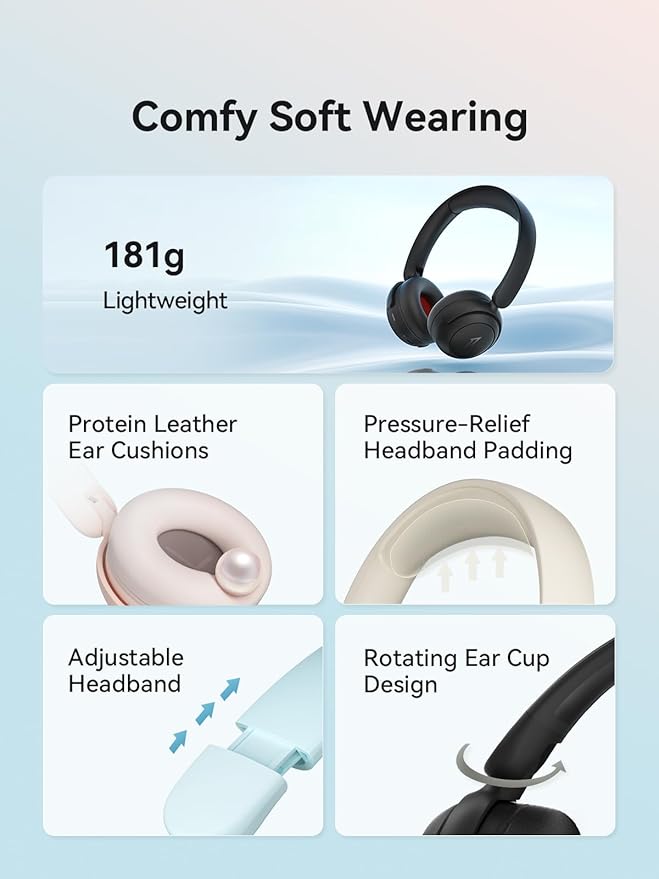 1MORE HQ20 Wireless On-Ear Headphones with Microphone, 85dB Safe Volume, 65H Playtime, Lightweight Foldable Bluetooth Headphones for School/Travel, Android and iOS Compatible, White