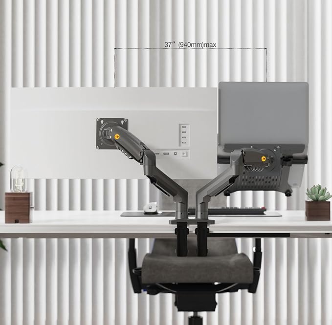 NB North Bayou Laptop Mount with Adjustable Tray for 10-17”Notebook, Full Motion Arm with VESA Plate for 17-30”Monitor,Clamp-on Grommet Mounting F160-FP (Black)