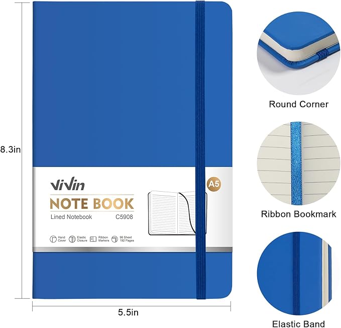 ViVin Lined Journal Notebooks for Work, 192 Pages, Medium 5.5 x 8.3 inch, College Ruled, A5 Hardcover Journaling Notebooks for Writing, 8 Pack Bulk