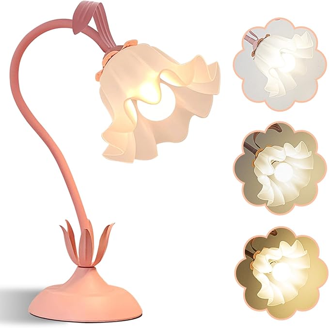 Cute Flower Table Lamp, Bedside Vintage Flower Lamp with LED Bulb, 3 Colors Temperature Flower Lamp for Bedroom Living Room Bedside Desk Reading Lighting Table Lamps Home Decoration (Pink)