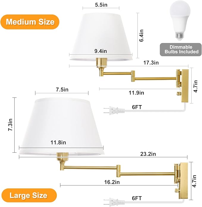 TRLIFE Remote Control Dimmable Wall Sconce, Adjustable Color Temperature 2700K-6500K Brushed Brass Swing Arm Wall Lights with Plug in Cord, 11.8" Large White Shade(2 Pack, 2 Bulbs)