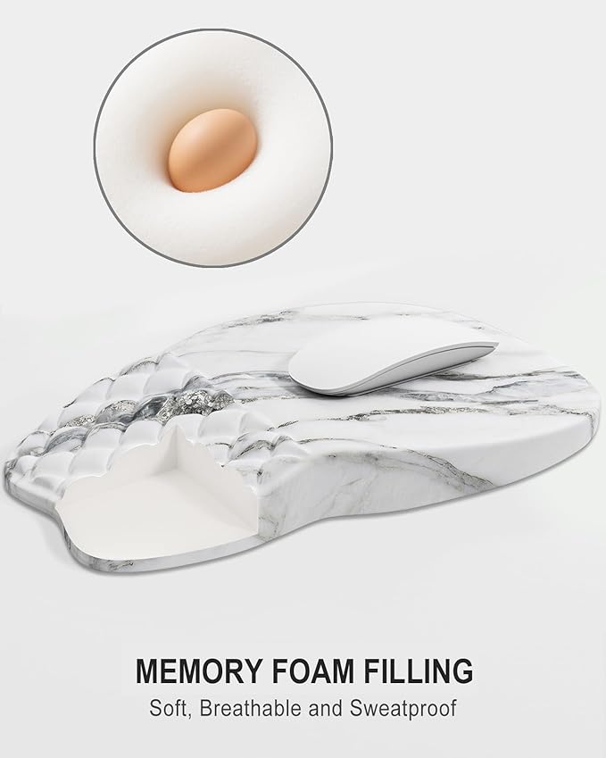 Auhoahsil Ergonomic Mouse Pad with Wrist Rest, Comfortable Slope Computer Mouse Mat with Wrist Support, Memory Foam Filling, Non-Slip Silicone Base, Pain Relief for Gaming Work, 8" x 12", White Marble