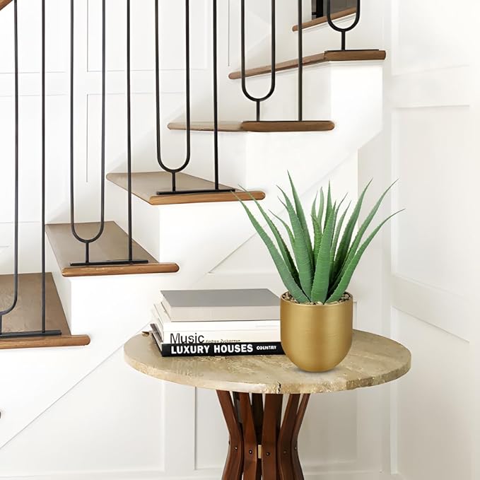 Briful Succulents Artificial Plants Realistic Agave Plant, 4.7'' Gold Metal Pot, Farmhouse Aloe Vera Fake Plants for Home Office Desk Bathroom Shelf Decorations