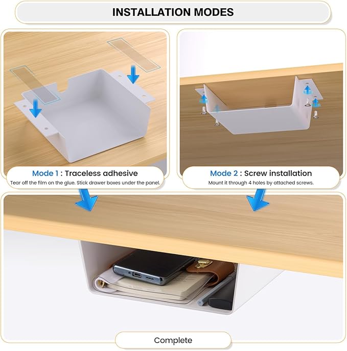 2 Pack Adhesive Under Desk Hanging Shelf Mount Drawer Organizer, Attachable Plastic Under Desk Storage Tray for Standing Desks, Tables, Workstations, Gaming, Cabinet, Increase Storage Space - White