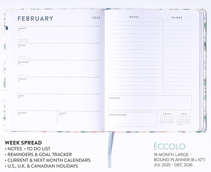 Eccolo 2025-2026 Large Agenda Planner, 18 Month, Yearly, Monthly & Weekly Views, Reminders, Goals Tracker (Flexi-Cover - 8 x 10")