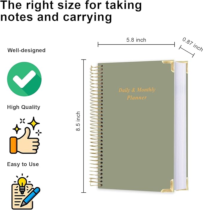 Undated Daily Monthly Planner for 2025 2026 - A5 To Do List with Hourly Schedule, Hardcover Spiral Bound Daily Planner to Increase Focus, Stylish School/Office Supplies, 5.8" x 8.5", Green