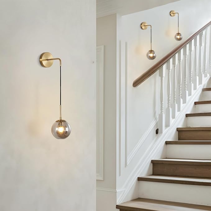 BOKT Mid Century Modern Wall Sconce Gold Wall Sconce Light Smoke Gray Glass Round Wall Lighting Fixture Brushed Brass Minimalist Adjustable Bar Wall Lamp (Gold+Smoky Grey)