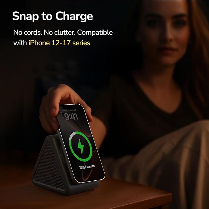 Housbay Sound Machine with Magnetic Wireless Charger for iPhone,2-in-1 Design for Clutter-Free Nightstand,Dual-Speaker Stereo Sound for Sleeping - Black