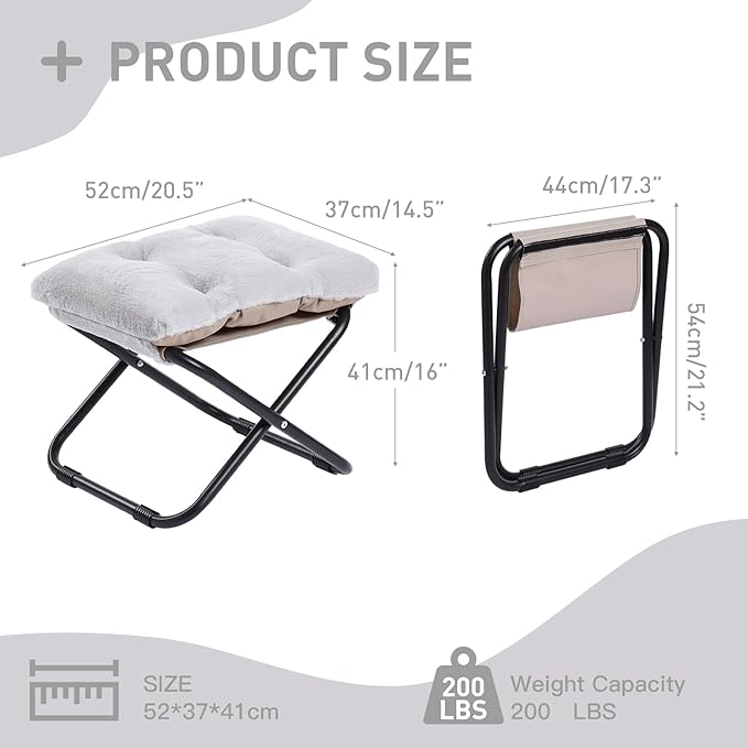 LITA Folding Footrest Stool, Portable Ottoman Foot Rest, Upholstered Small Foldable Ottoman Stool with Detachable Thick Cotton Cushion Padded Sofa Stool for Living Room, Bedroom, Plush Grey