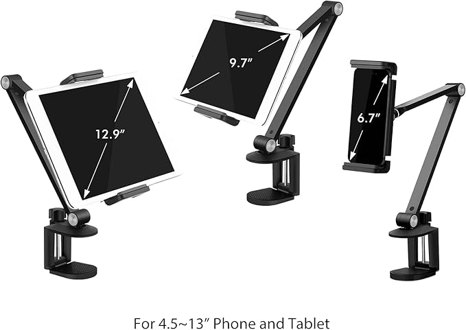 Viozon Tablet Stand Holder Mount, Rotate 360 Degrees of Flexible, Height and Angle Adjustable, High-Grade Aluminium Alloy Long Arm Compatible with 4.5-13 Mobile Phone and Tablet (AP-7LCB2)