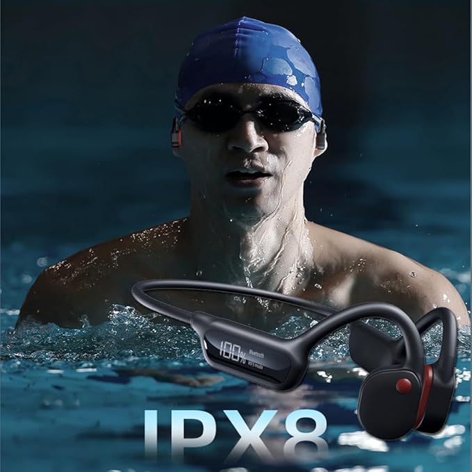 Swimming Headphones Bone Conduction Open Ear Headset MP3 Player Built-in 32G Memory IP68 Underwater Waterproof Stereo Bluetooth Earphone LED Screen for Driving Bicycling Running Skiing-X10 Black