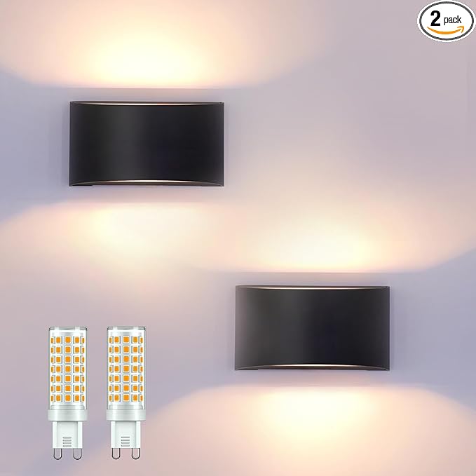 KICAAO Modern LED Wall Sconce,Warm White 3000K,Hardwired Indoor Outdoor Black Wall Lights Set of 2 Up and Down Wall Mount Light for Living Room Bedroom Hallway Corridor Conservatory(with G9 Bulbs)