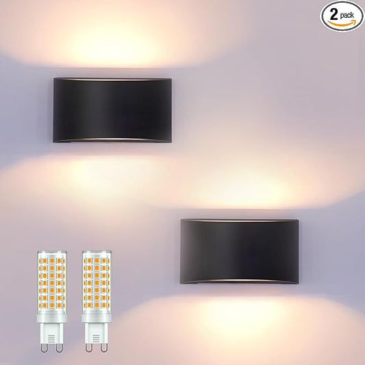 KICAAO Modern LED Wall Sconce,Warm White 3000K,Hardwired Indoor Outdoor Black Wall Lights Set of 2 Up and Down Wall Mount Light for Living Room Bedroom Hallway Corridor Conservatory(with G9 Bulbs)