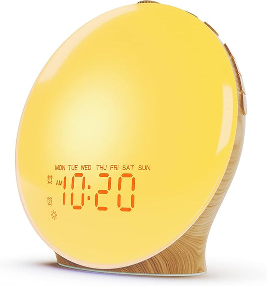 JALL Wake Up Light Sunrise Alarm Clock for Kids, Heavy Sleepers, Bedroom, White Noise Sound Machine with 17 Nihgt Lights, 25 Soothing Sounds, Bluetooth Speaker, Dual Alarms, FM Radio, Wood Grain