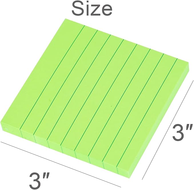 Vanpad Lined Sticky Notes 3x3 Inches, Bright Green Ruled Self-Stick Pads, Easy to Post for Home, Office, Notebook, 8 Pads/Pack