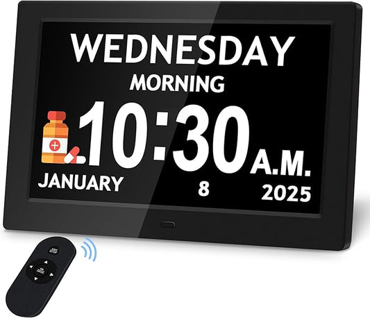 10.1'' Digital Clock, 1280*800p HD Extra Large Display, Digital Clock With Date, Time, Day Of Week, 10 Reminders & 6 Alarms, Auto Dimming & DST, Remote Control, Dementia Clock For Seniors, Black