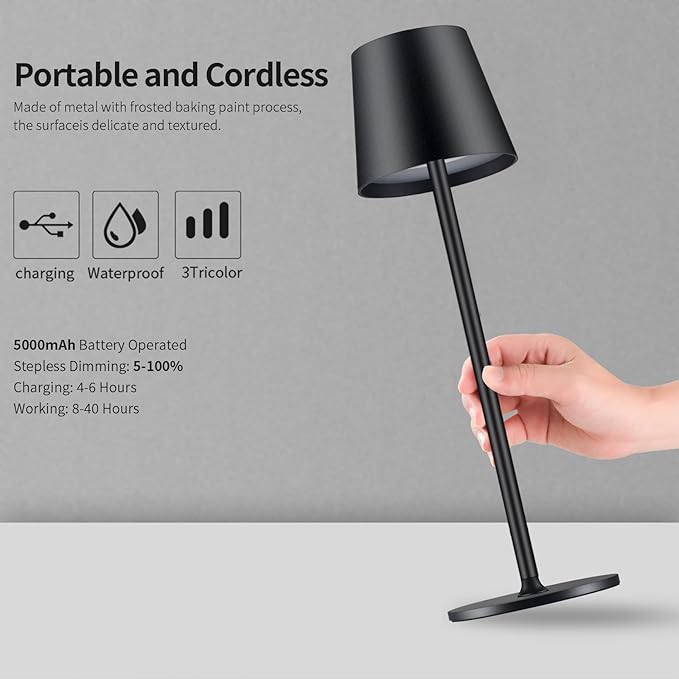 BGFHome Cordless Table Lamp LED Desk Lamp,5000mAh Rechargeable Touch Night Light Lamp,Wireless Minimalist Design for Restaurant/Bedroom/Bars/Outdoor Party/Camping/Coffee Shop(Black)