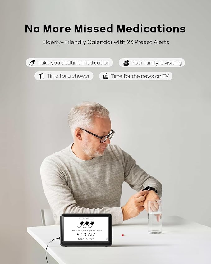 Mesqool 7" Digital Dementia Alarm Clock Large Display for Seniors, Plug in Electric Date Day of Week Calendar Clock 23 Alarms 18 Ringtones for Elderly Memory Loss Alzheimer’s,Auto DST,Custom Schedules