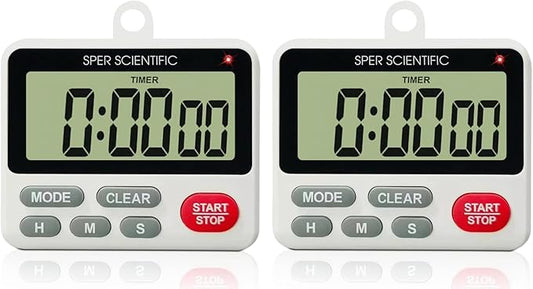 Sper Scientific 24-Hour Digital Lab + Kitchen Timer with LED Light 810001 - Precision Countdown Timer with Large Display, Loud Alarm & Clock Mode - for Cooking, Lab Experiments & More - 2 pc