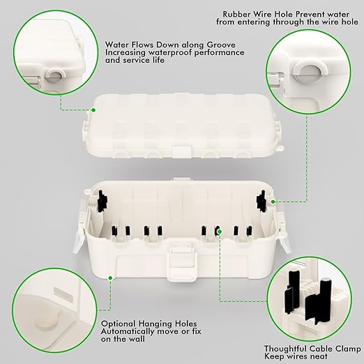 RESTMO Outdoor Electrical Box, IP54 Weatherproof Extension Cord Cover with 6 Cable Entry Ports, Waterproof Connection Box Protect Power Strip, Timer, Plug, Holiday Lights, (11.5x5.2x4 inch), White