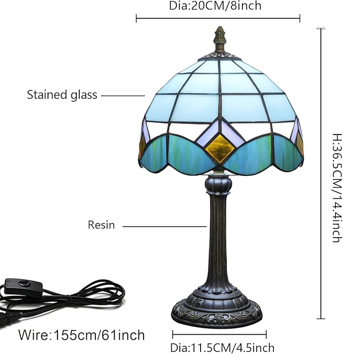 Sky Blue and White Lamp Small Tiffany Lamps Bedside Nightstand for Bedroom Dector Light Stained Glass Table Lamp Living Room Kitchen Night Lamp Farmhouse Cute 8 Inch Aesthetic Mediterranean Desk Lamps