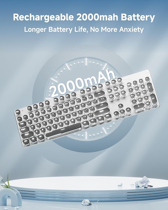 EWEADN TK950 Typewriter Keyboard Wireless Mechanical Keyboard, 104 Keys Aesthetic Typewriter Keyboards with White Backlit, Anti-Ghosting, Blue Switch Bluetooth/2.4GHz/Wired Cute keyboards-Black