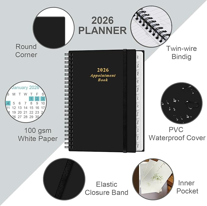 2026 Appointment Book & Planner - 2026 Daily Hourly Planner from January 2026 - December 2026, Weekly Appointment Book with 30-Minute Interval, Medium 6.4" x 8.5", Black-B