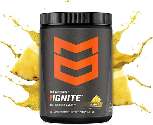 MTN OPS Ignite Energy Drink Powder, Gluten Free Nootropic Supplement Drink Mix, L Arginine, L Citrulline, Caffeine & Nootropic Sugar Free Drink Mix, 45 Servings, Pineapple Crush