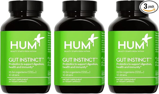 HUM Gut Instinct Daily Probiotics for Women and Men, Digestive Health, Lactobacillus, Bifidobacterium Strains for Immune Support, Probiotic Supplement for Healthy Gut Diversity, 90 Capsules