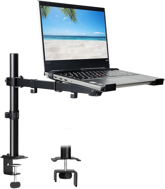 Laptop Desk Mount, Single Laptop Stand Arm with Vented Tray for 17 inch Notebook or 14”-32” Monitor, Holds up to 17.6 lbs, Fully Adjustable, Clamp/Grommet Mounting, VESA 75/100mm