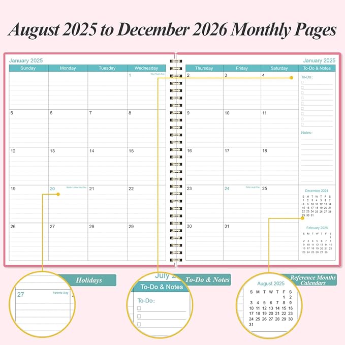 2025-2026 Planner - 17 Months Weekly & Monthly Planner from August 2025 - December 2026, Academic Planner 2025-2026 with Elastic Closure, Inner Pocket, 8.5" x 11", Pink