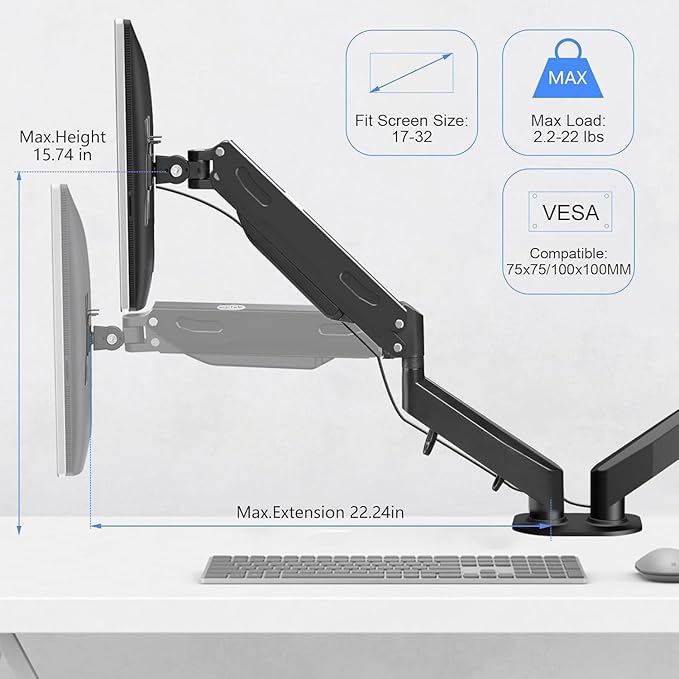 Pholiten Dual Monitor Arm 32inch,Fully Adjustable Gas Spring Monitor Desk Mount Vesa Bracket,Adjustable Tilt/Swivel/Rotate Monitor Stand Up to 22lbs