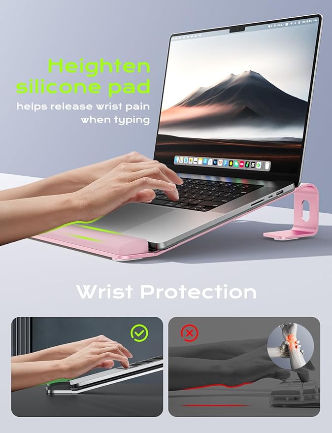 Aluminum Laptop Stand, Notebook Stand with Wrist Rest, Ergonomic Detachable Laptop Mount, Computer Stand Compatible with 10-17'' All Laptops Such as MacBook Air Pro/HP/Dell/Lenovo, Pink
