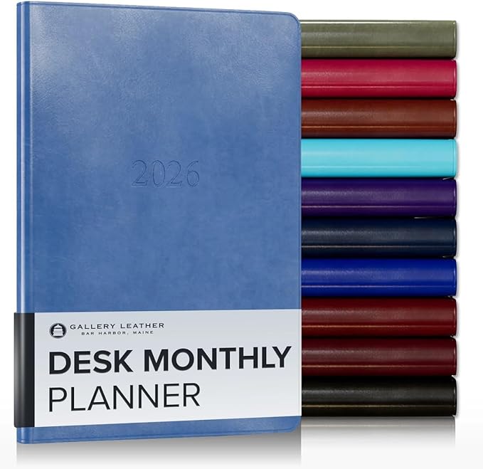 Gallery Leather Desk Monthly Planner 2025-2026, Elegantly Bound Calendar Planner and Notebook with Stylish Gold-Gilded Page Edges, 18 Months - Acadia Hydrangea - 8x5.5”