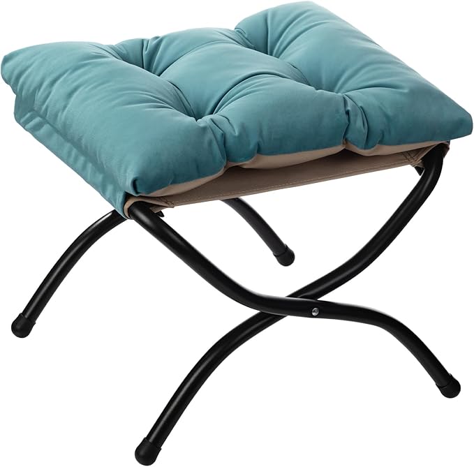 AbocoFur 15"(H) Folding Footrest Stool, Accent Padded Sofa Foot Stool for Lazy Chair, Upholstered Small Foldable Ottoman, Metal Frame Portable Foot Rest Ottoman for Living Room, Bedroom, Lake Blue