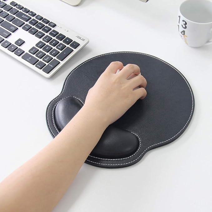 Mouse Pad Leather Wrist Rest Support, Ergonomic Memory Foam Mouse Wrist Rest Pad with Non Slip Rubber Base, Durable, Comfortable Mousepad for Computer Pain Relief at Home, Office, Work Travel, Black