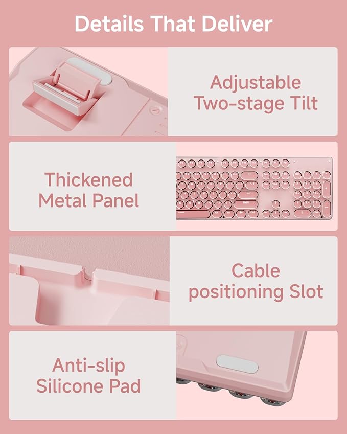 EWEADN TK950 Typewriter Keyboard Wireless Mechanical Keyboard, 104 Keys Aesthetic Typewriter Keyboards with White Backlit, Anti-Ghosting, Blue Switch Bluetooth/2.4GHz/Wired Keyboards-Pink