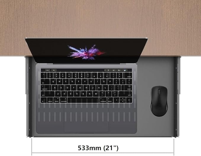 JINGCHENGMEI 21 inch Sliding Under Desk Laptop Mount with Air Vents, Metal Under Desk Slide Out Tray for Laptop (21 Inch)