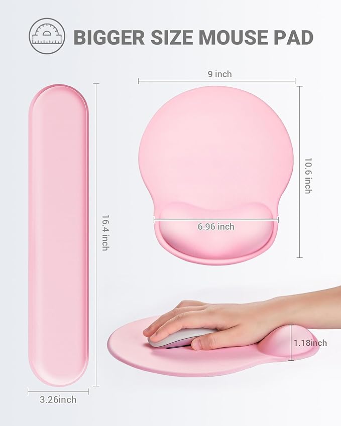 Ergonomic Mouse Pad Wrist Support Set, Memory Foam Keyboard Wrist Rest Set, Relieve Wrist Pain Keyboard Pad, Non-Slip Base Mousepad(Pink Set)