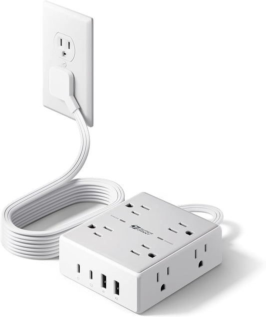Flat Plug Surge Protector Power Strip, 6ft Ultra Thin Extension Cord with 4 USB (2 USB C Port), 8 Outlets Desk Charging Station, Wall Mountable Outlet Extender for Home Office, College Dorm Room