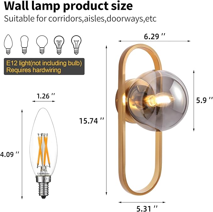 Wall Sconces Set of Two Gold Wall Lamp Sconces Wall Lighting with Grey Globe Glass Shade Wall Lights Sconces Wall Decor Set of 2 Wall Lights for Living Room Wall Lamps for Bedrooms Set of 2