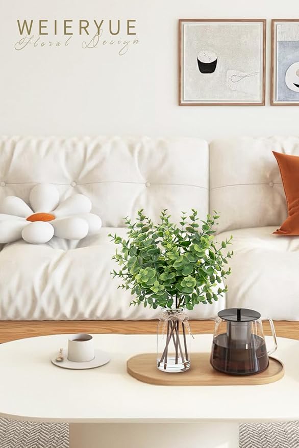 Artificial Eucalyptus Stems in Glass Vase with Faux Water,Artificial Plants Eucalyptus Leaves for Shelf Desk Bathroom Farmhouse Room Coffee Table Home Decor, Central Decoration.