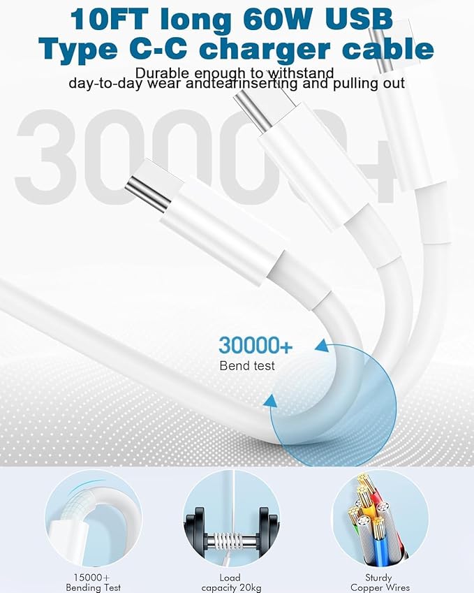 10FT Apple iPhone 17 16 Charger,2Pack Extra Long 10Foot Type C Cable Cord 20W USBC Charger Travel Plug Super Quick Charging for iPhone 17 Air/17 Pro/17 Pro Max/16e/16 Pro/16 Pro Max/15/15 Pro Max/iPad